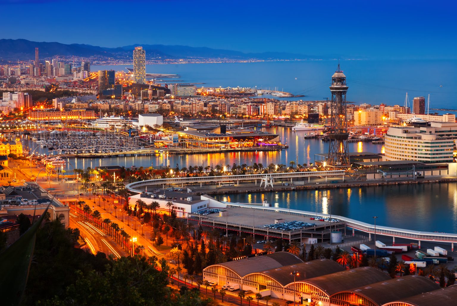 Top view of Port in Barcelona during evening. Spain