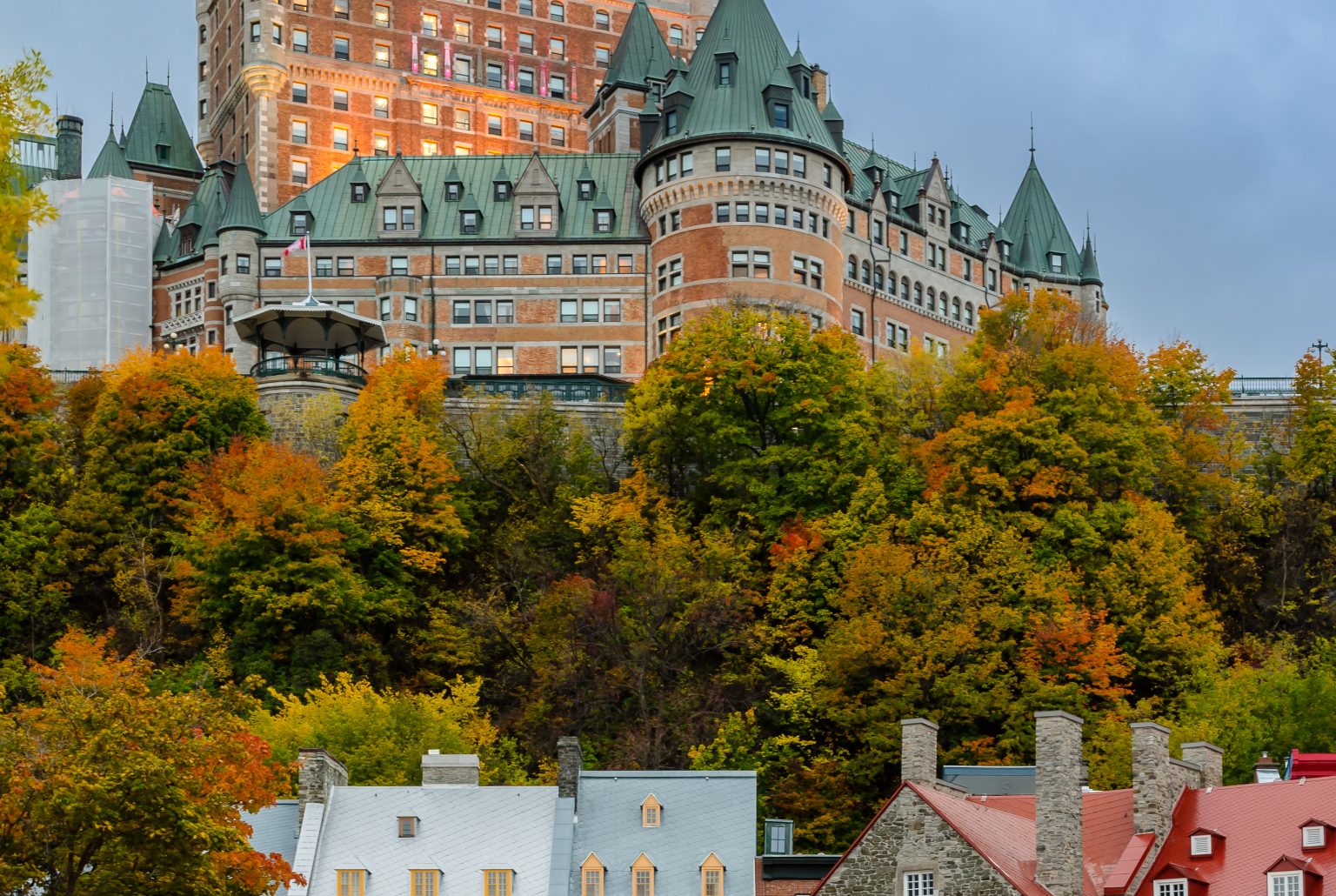 Cityscape of Quebec Lower Old Town at twilight during autumn season in Quebec, Canada.