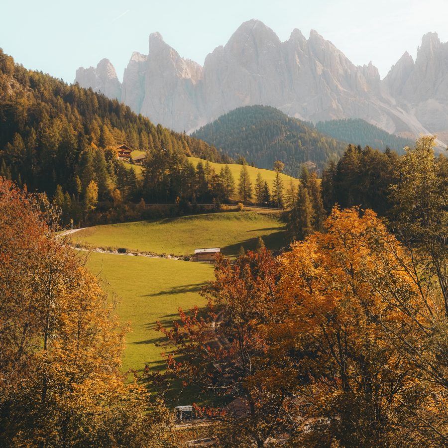 A vertical shot of a beautiful village road on a hill surrounded by mountains